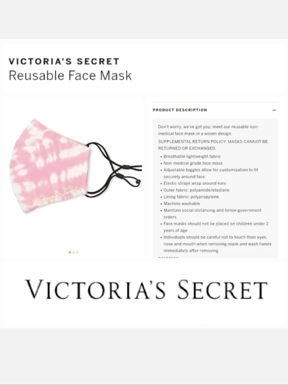 Victoria's secret reusable face mask Pink Tye Dye